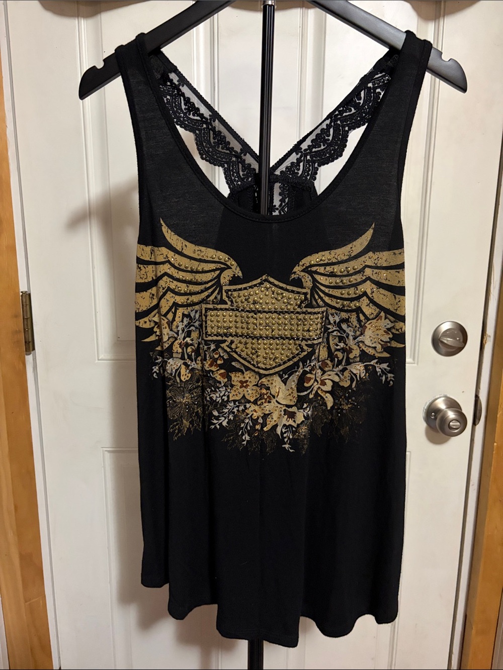 Harley Davidson Black Tank Gold Graphic Cut Out Lace Back